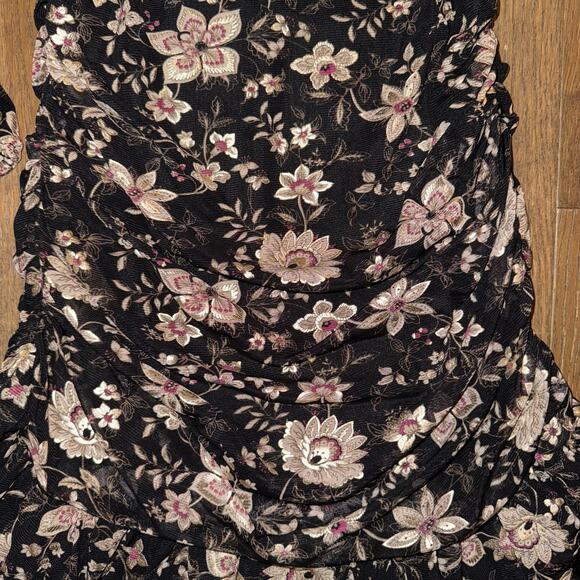 Dress Forum Ruched Black and Gold Floral Bodycon Mini Foliage Midnight Size M - Picture 4 of 7